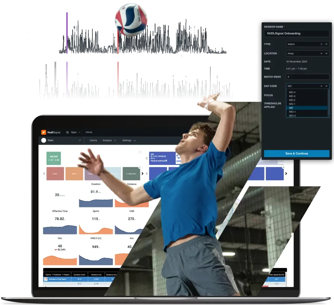 A male volleyball player jumps to hit a ball, with a laptop showing Hudl athlete monitoring data overlaid, including metrics like duration, distance, and sprint.