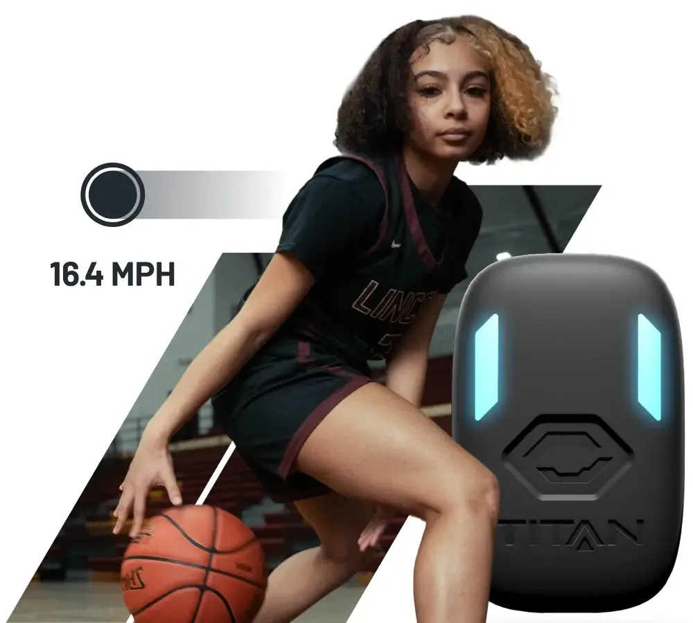 A female basketball player dribbling a basketball. In the foreground on the right is a black Titan wearable sensor with glowing blue indicators, and to the left, a "16.4 MPH" speed metric is displayed.