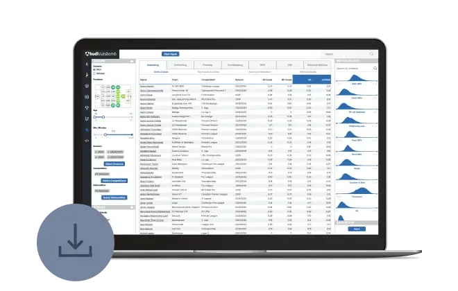 A laptop screen displaying a detailed sports data analysis interface. The main part of the screen shows a table of player statistics under tabs like "Attacking," "Defending," "Passing," and "Goalkeeping." On the left side, there's a sidebar with various filters for age, minutes played, and season. On the right side, a "METRIC FILTERS" section shows a list of metrics with small graphs next to each, resembling probability distributions or performance indicators. A large blue circular download icon is overlaid on the bottom left corner of the laptop.