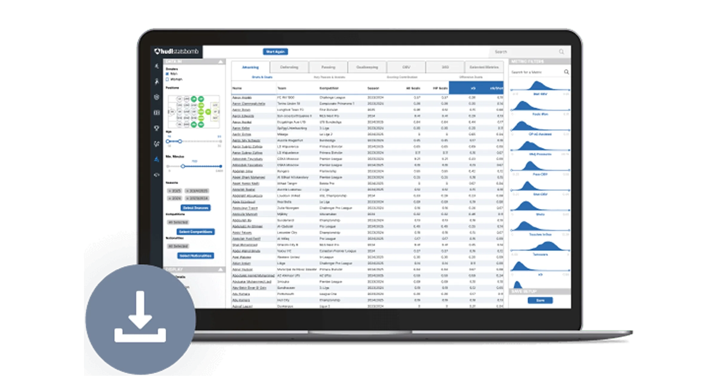 A laptop screen displaying a detailed sports data analysis interface. The main part of the screen shows a table of player statistics under tabs like "Attacking," "Defending," "Passing," and "Goalkeeping." On the left side, there's a sidebar with various filters for age, minutes played, and season. On the right side, a "METRIC FILTERS" section shows a list of metrics with small graphs next to each, resembling probability distributions or performance indicators. A large blue circular download icon is overlaid on the bottom left corner of the laptop.