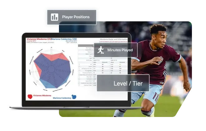 A composition featuring a laptop screen displaying soccer player analytics and a vibrant image of a male soccer player in action. The laptop screen shows a detailed player comparison with a large red and blue radar chart at its center, surrounded by various statistical data. Overlaid on the image are three transparent, dark grey boxes with white text and icons: "Player Positions" with a bar chart icon, "Minutes Played" with a running player icon, and "Level / Tier." The soccer player on the right wears a burgundy and light blue jersey and is captured mid-stride during a game.