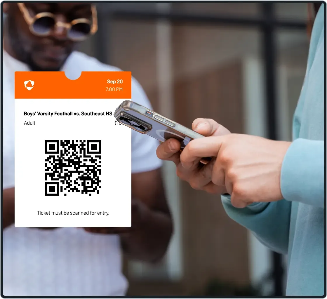Photoillustration showing a fan using their phone, with an overlay of a Hudl Ticket with a prominent QR code.