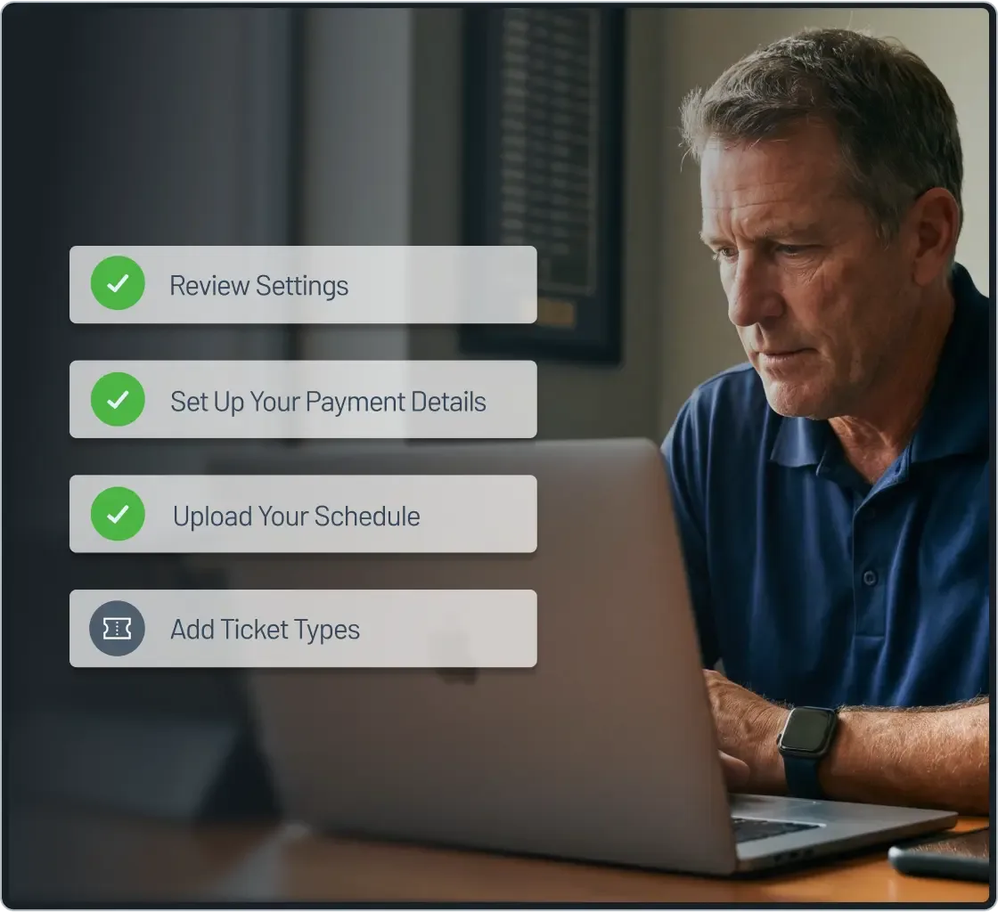 Photoillustration depicting an administrator working at a computer, with an overlay of to-do items for ticketing setup.