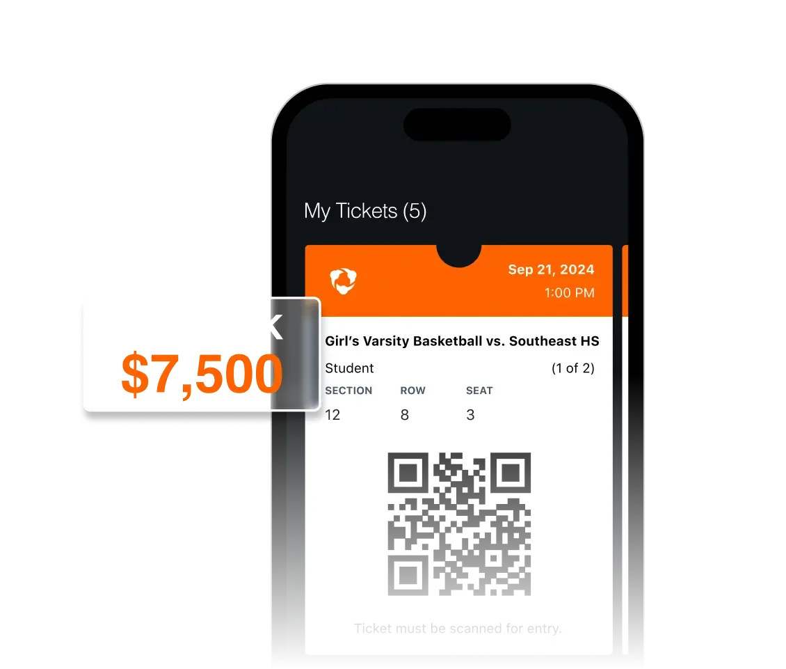 Image of a phone with a Hudl Ticket and UI of potential ticket sales savings