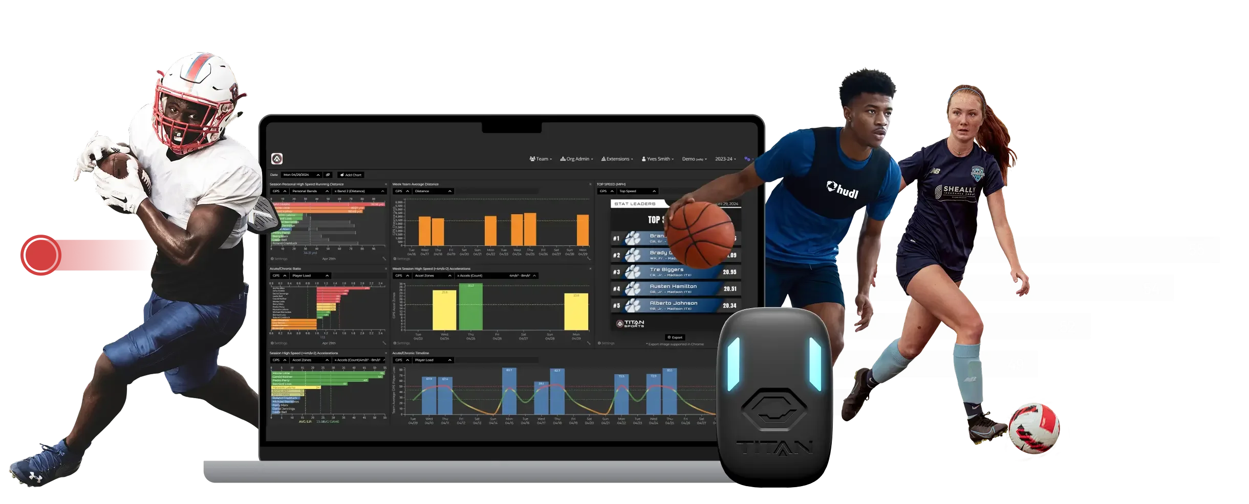A multi-sport performance collage featuring an American football player with an 18.3 MPH speed tag, a basketball player, and a soccer player, all surrounding a laptop displaying Titan sports analytics and a Titan wearable GPS sensor.