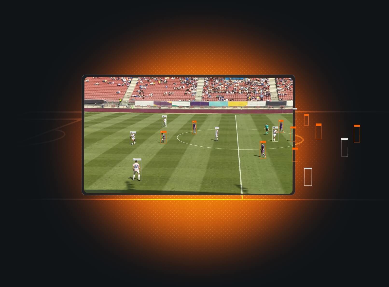 A tablet screen displaying a wide-angle soccer match view with several players highlighted by automated bounding boxes, demonstrating real-time computer vision and tracking technology.
