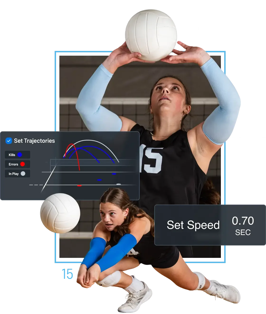A sports analytics collage featuring a female volleyball player in a black jersey setting a volleyball at the top, and another player crouching in a defensive passing stance at the bottom. The images are overlaid with digital dashboard graphics displaying 'Set Trajectories' with color-coded path lines for kills and errors on the left, and a 'Set Speed' of 0.70 SEC on the right.