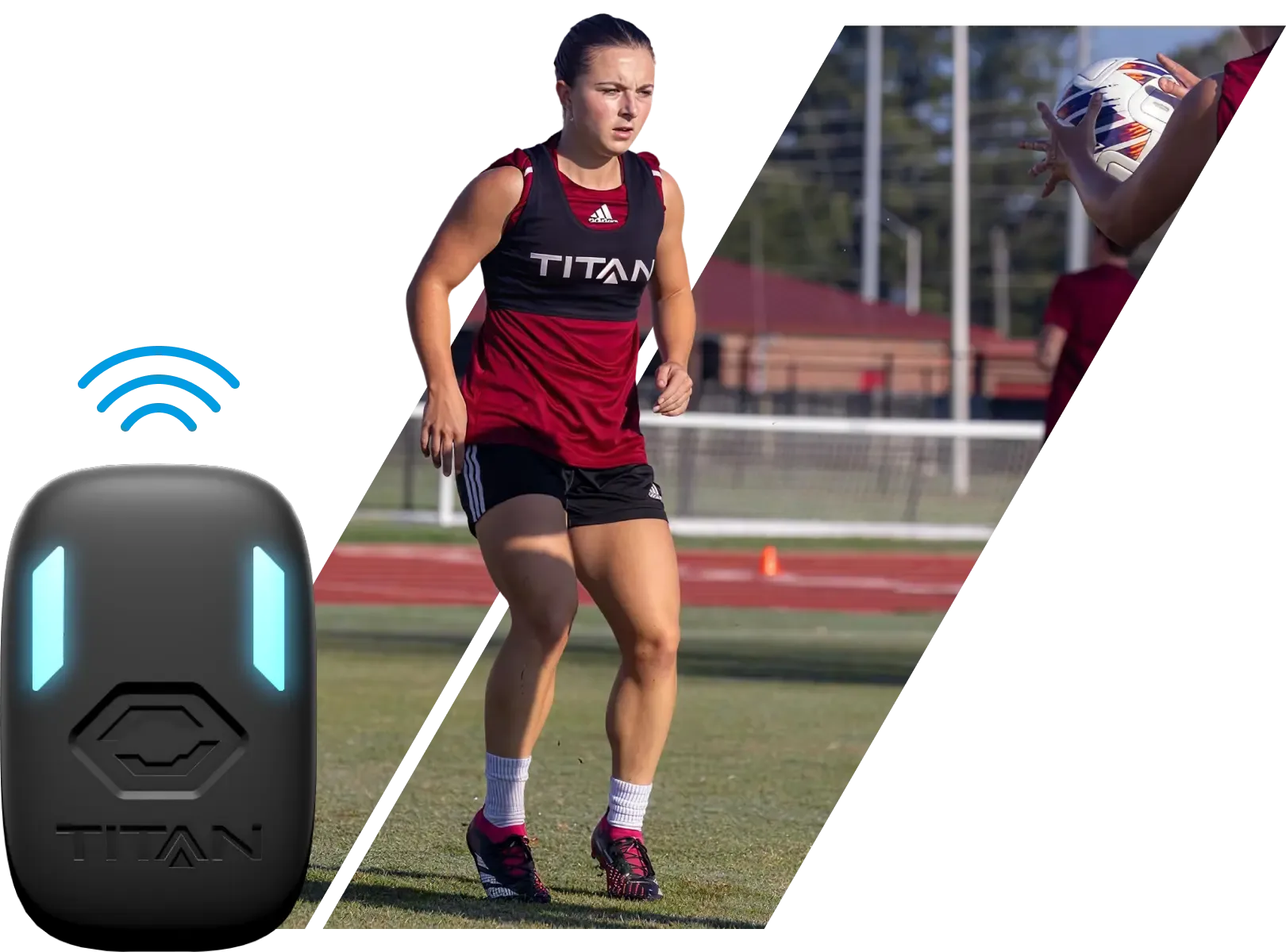 Photo illustration of the Titas GPS device superimposed over a female athlete doing drills while wearing a Titan tracker.