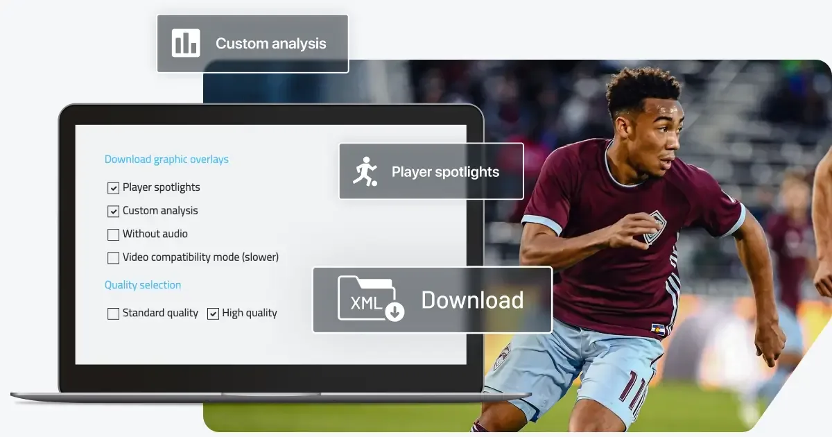 Laptop displaying a Wyscout download options form shown over a action photograph of an athlete and buttons floating above