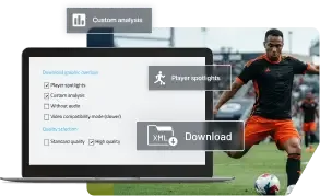 Laptop displaying a Wyscout download options form shown over a action photograph of an athlete and buttons floating above